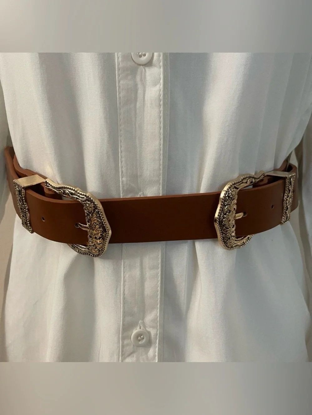 Brown PU leather distressed gold  tone double buckle adjustable skinny belt